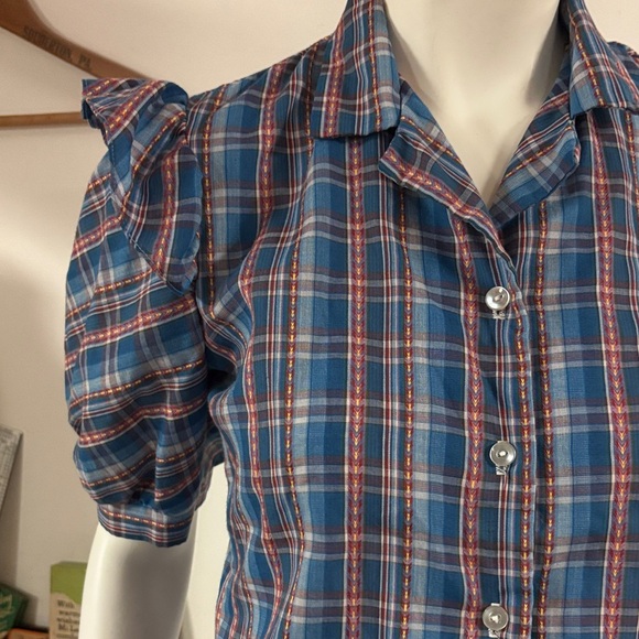 70s CottageCore Blu&Pink Plaid Shirt - Picture 2 of 6